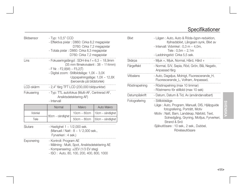 Specifi kationer | Samsung D860 User Manual | Page 60 / 98