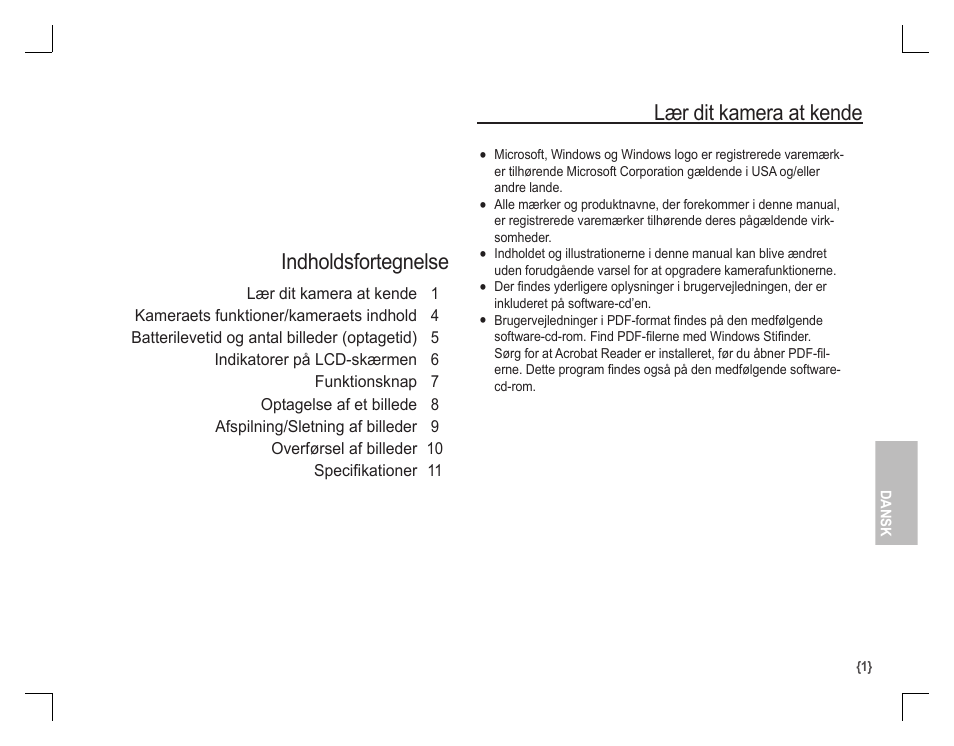 Lær dit kamera at kende, Indholdsfortegnelse | Samsung D860 User Manual | Page 66 / 98