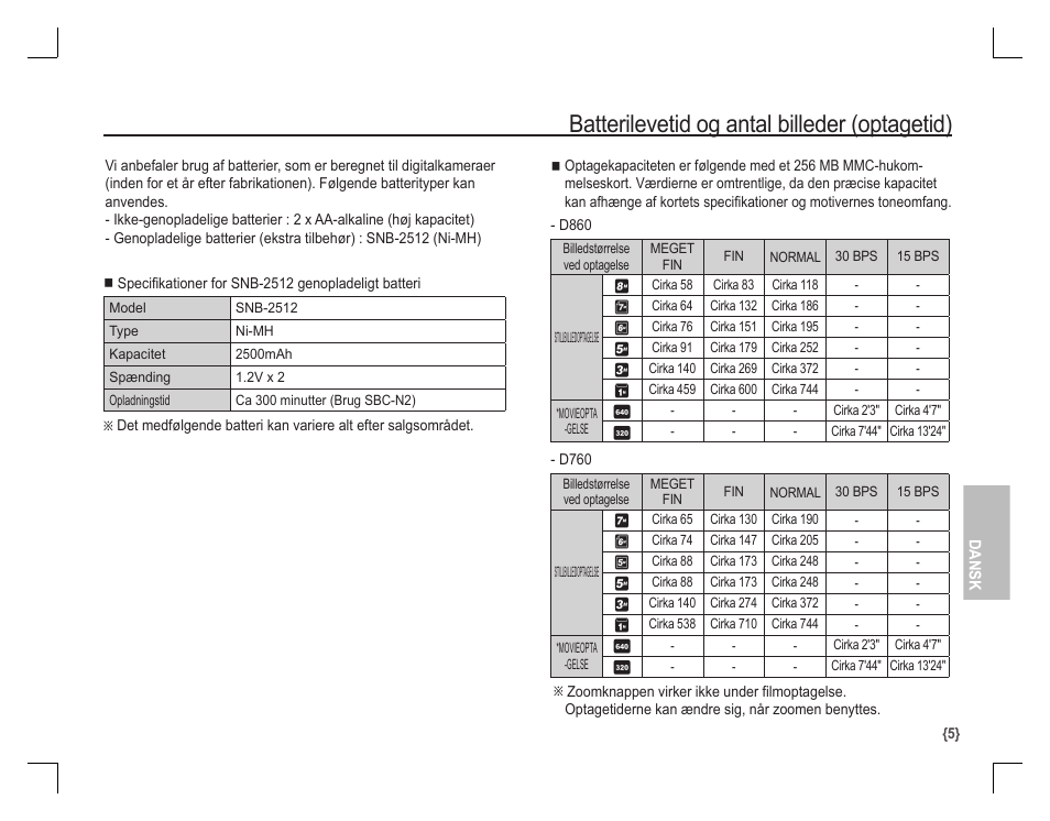 Batterilevetid og antal billeder (optagetid) | Samsung D860 User Manual | Page 70 / 98