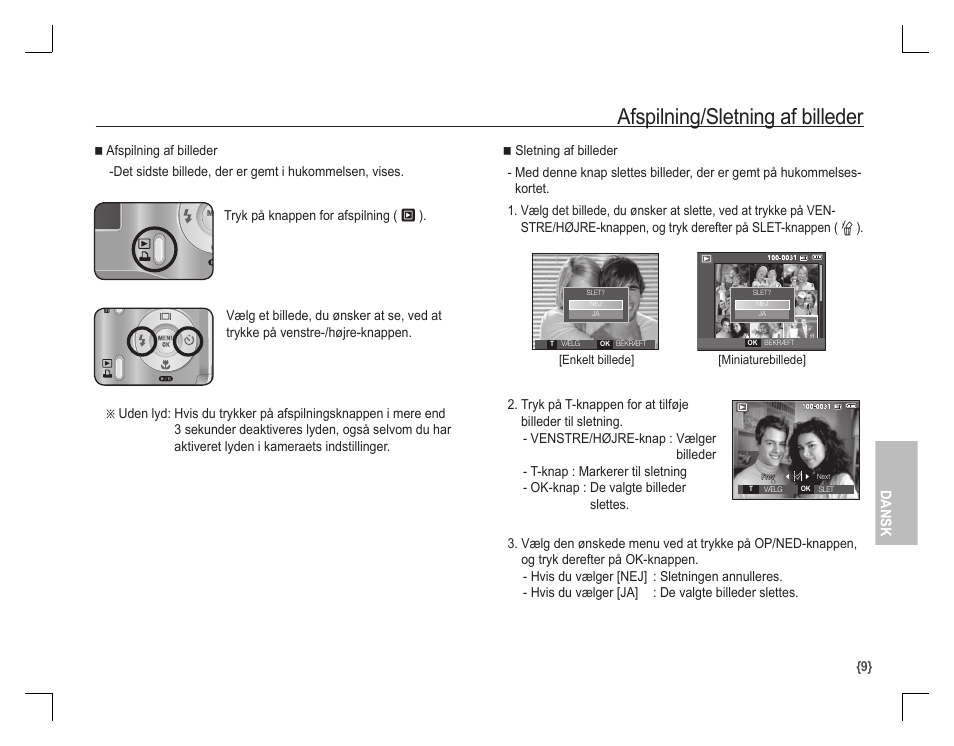 Afspilning/sletning af billeder, Dansk | Samsung D860 User Manual | Page 74 / 98