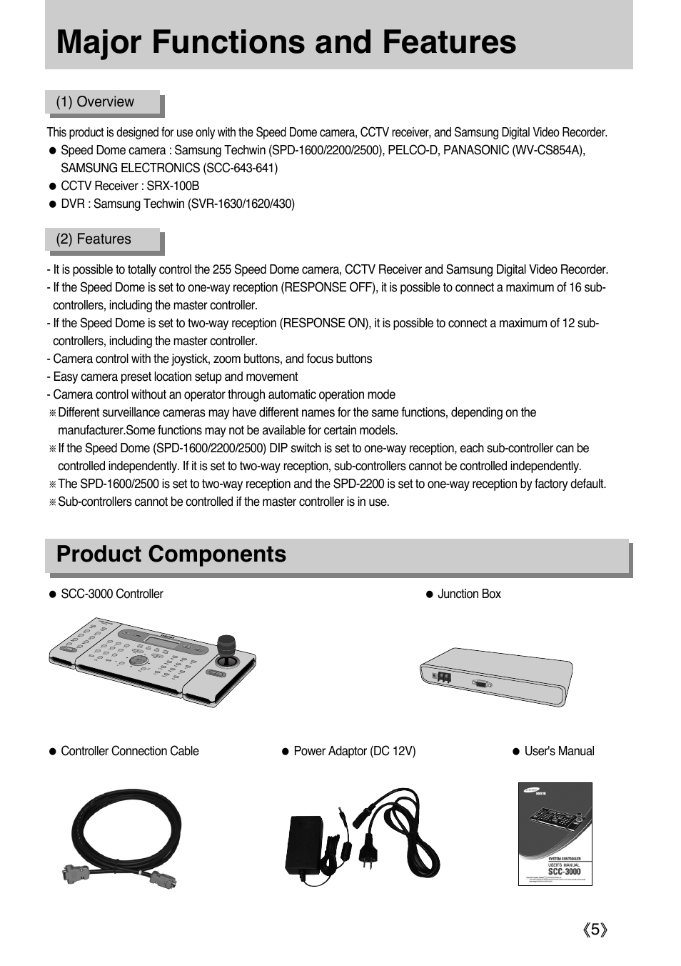 Major functions and features, Product components | Samsung SCC-3000 User Manual | Page 5 / 39