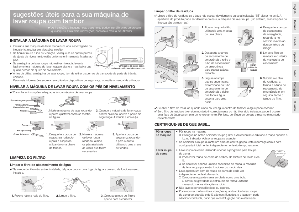 Portuguese, Instalar a máquina de lavar roupa, Limpeza do filtro | Certifique-se de que sabe | Samsung Drum Washing Machine User Manual | Page 11 / 14