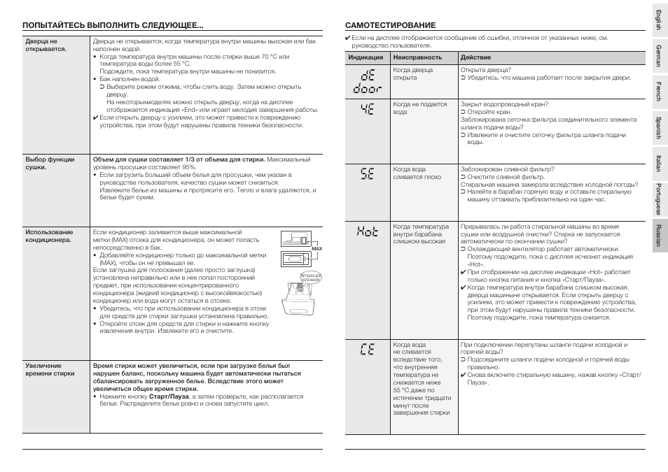 Попытайтесь выполнить следующее, Самотестирование | Samsung Drum Washing Machine User Manual | Page 14 / 14