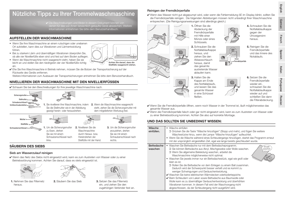 German, Aufstellen der waschmaschine, Säubern des siebs | Und das sollten sie unbedingt wissen, Nützliche tipps zu ihrer trommelwaschmaschine | Samsung Drum Washing Machine User Manual | Page 3 / 14