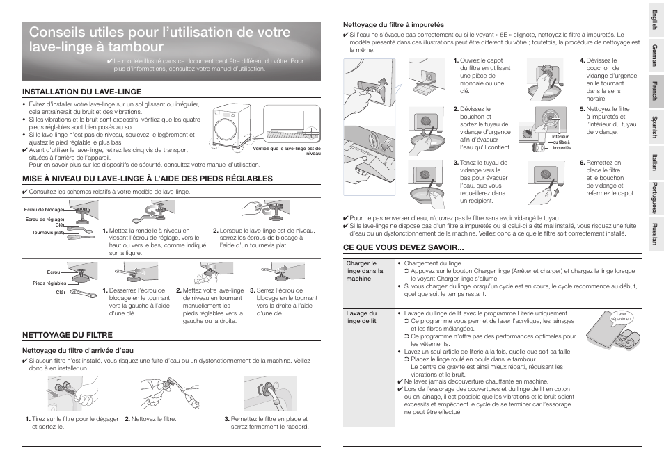 French, Installation du lave-linge, Nettoyage du filtre | Ce que vous devez savoir, Enc h | Samsung Drum Washing Machine User Manual | Page 5 / 14