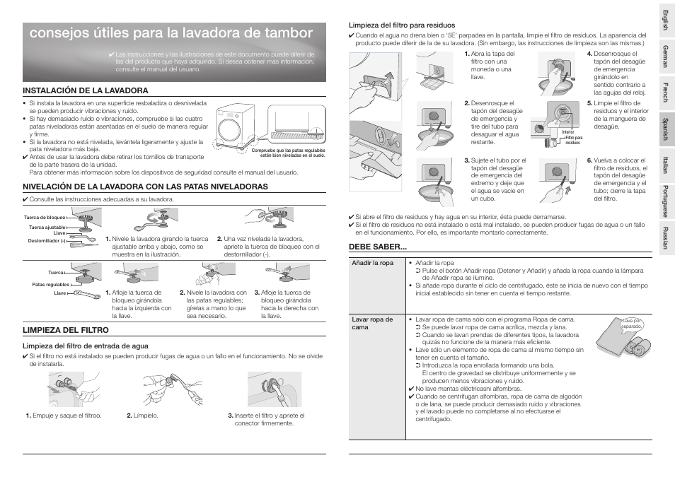 Spanish, Instalación de la lavadora, Limpieza del filtro | Debe saber, Consejos útiles para la lavadora de tambor | Samsung Drum Washing Machine User Manual | Page 7 / 14