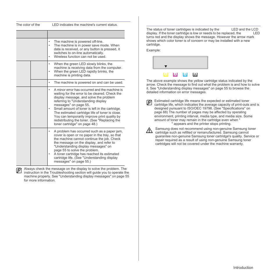Understanding the status led, Acknowledging the status of the toner cartridge, Understanding the statu | Acknowledging the status of the toner | Samsung CLX-3175FN User Manual | Page 117 / 218
