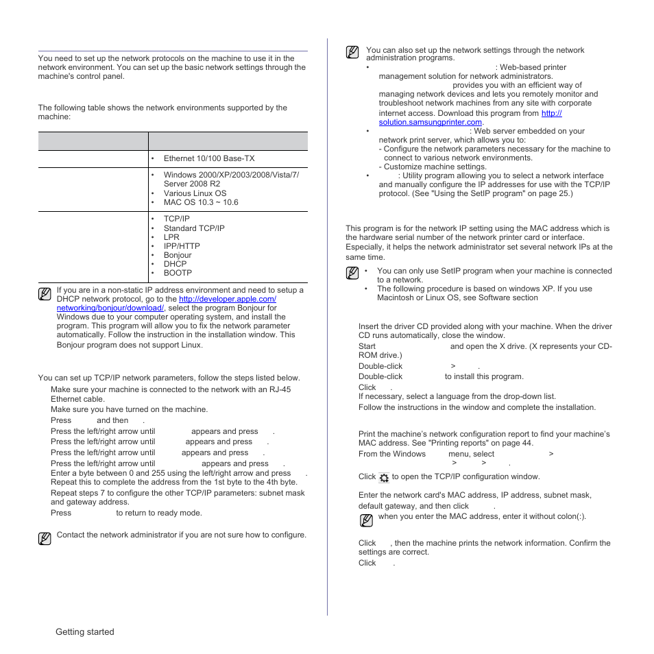 Setting up the network (clx-3175n only), Supported operating environments, Configuring network protocol via the machine | Using the setip program, Setting up the network | Samsung CLX-3175FN User Manual | Page 122 / 218