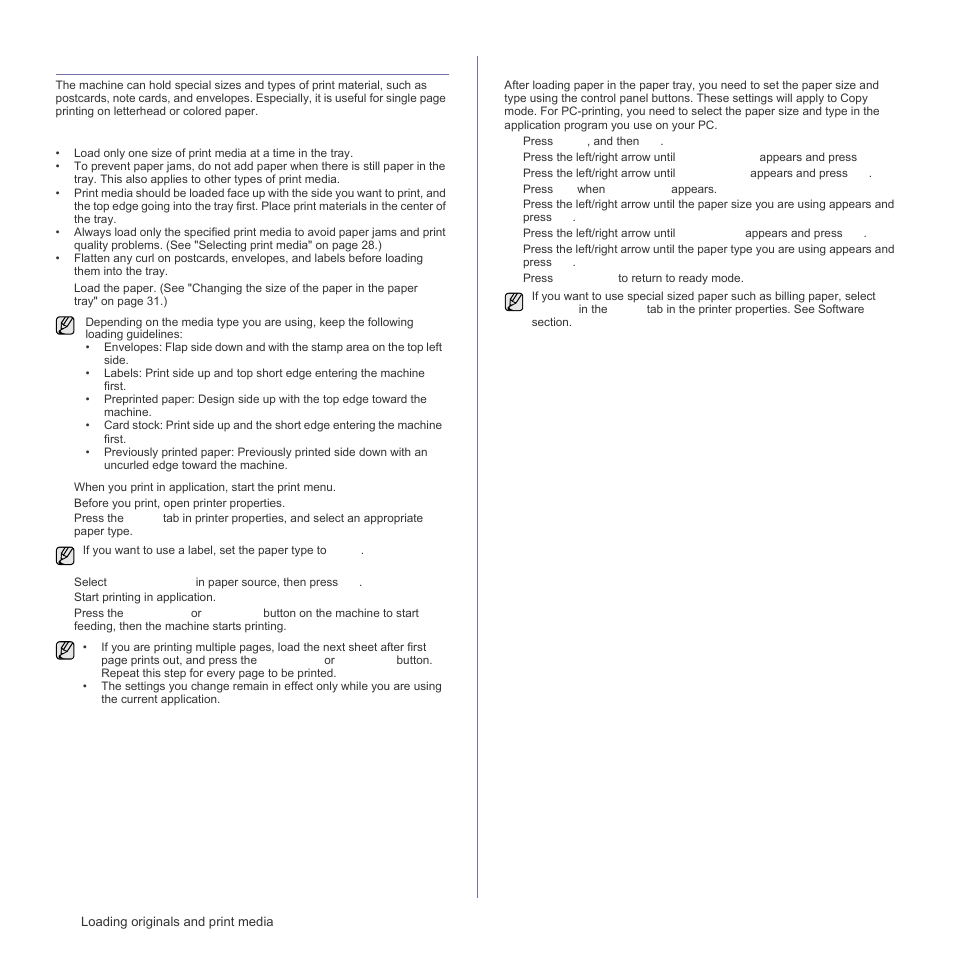 Printing on special print materials, Feeding the print material manually, Setting the paper size and type | Samsung CLX-3175FN User Manual | Page 130 / 218