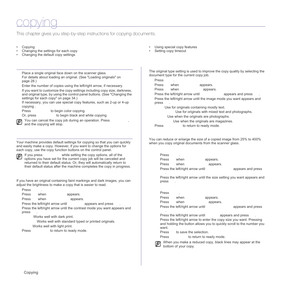 Copying, Changing the settings for each copy, Darkness | Original type, Reduced or enlarged copy | Samsung CLX-3175FN User Manual | Page 131 / 218