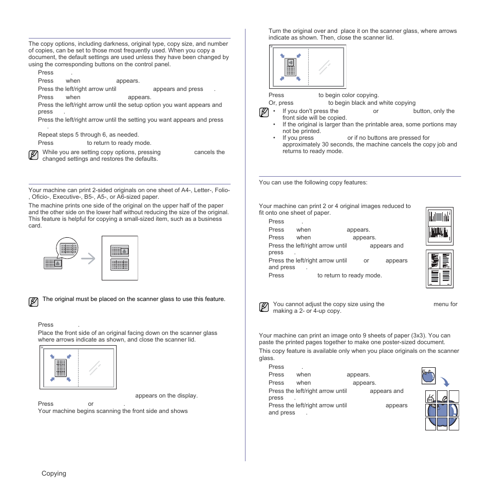 Changing the default copy settings, Id card copying, Using special copy features | Up or 4-up copying, Poster copying | Samsung CLX-3175FN User Manual | Page 132 / 218