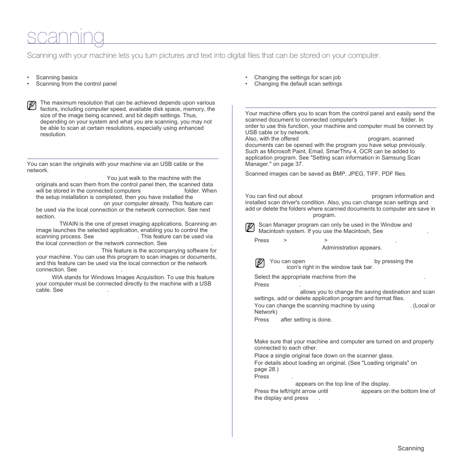 Scanning, Scanning basics, Scanning from the control panel | Setting scan information in samsung scan manager, Scanning to application programs | Samsung CLX-3175FN User Manual | Page 134 / 218