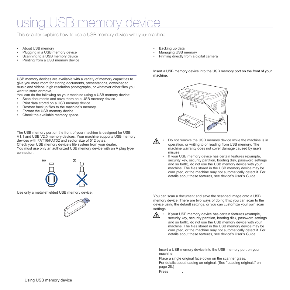 Using usb memory device, About usb memory, Plugging in a usb memory device | Scanning to a usb memory device, Scanning | Samsung CLX-3175FN User Manual | Page 138 / 218