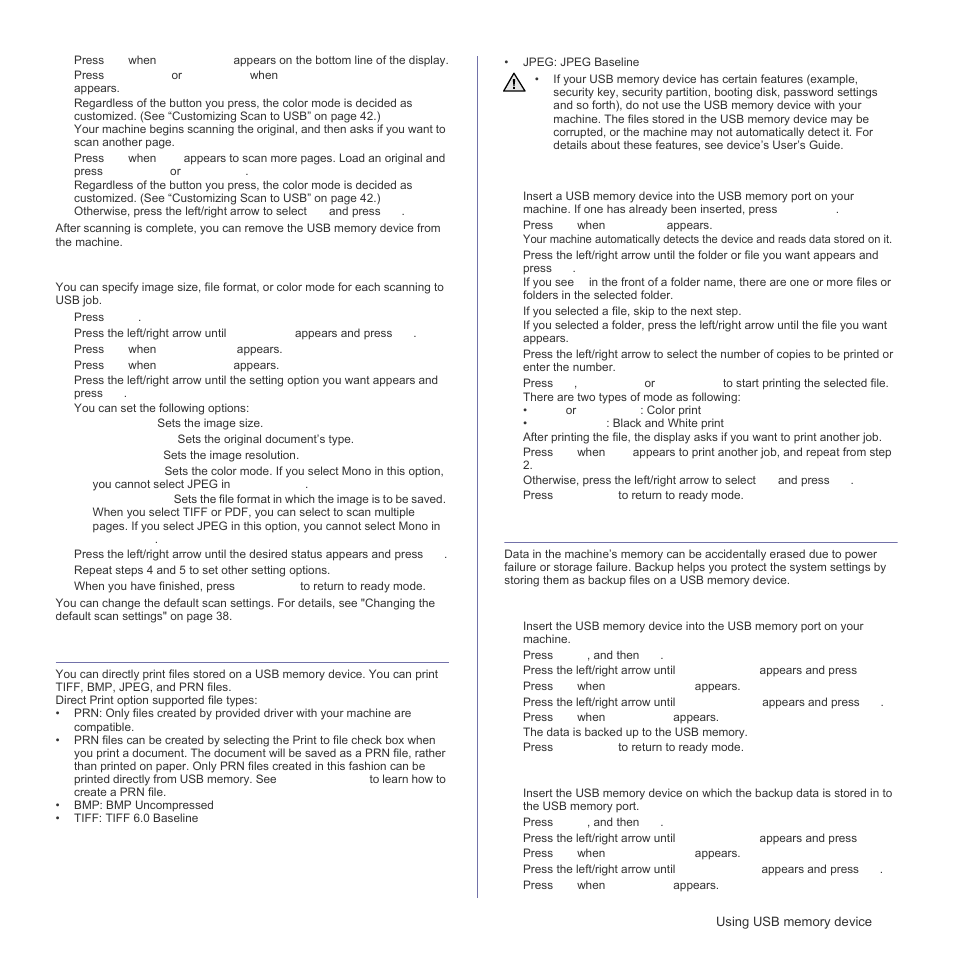 Customizing scan to usb, Printing from a usb memory device, To print a document from a usb memory device | Backing up data, Restoring data | Samsung CLX-3175FN User Manual | Page 139 / 218