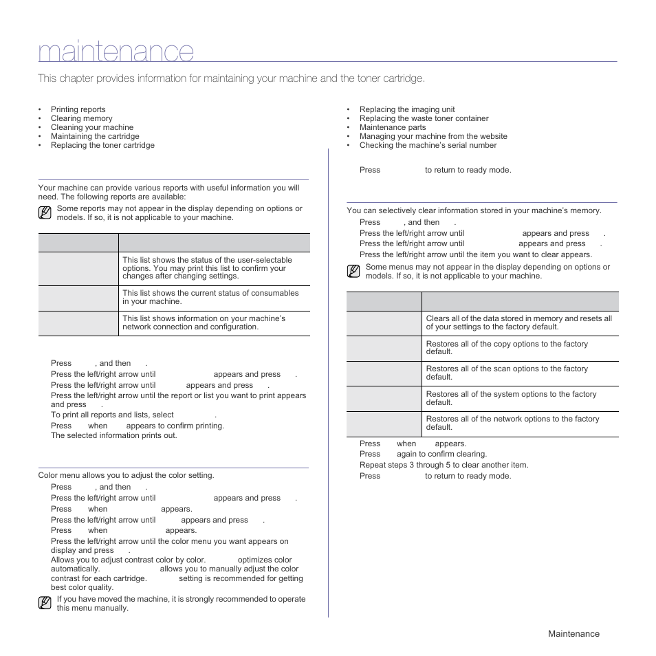 Maintenance, Printing reports, Printing a report | Adjusting the color contrast, Clearing memory, See "printing | Samsung CLX-3175FN User Manual | Page 141 / 218
