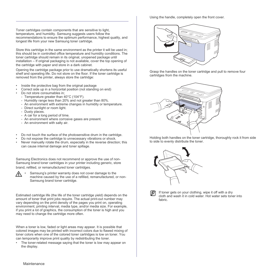Maintaining the cartridge, Toner cartridge storage, Handling instructions | Use of non-samsung and refilled toner cartridge, Estimated cartridge life, Redistributing toner | Samsung CLX-3175FN User Manual | Page 144 / 218