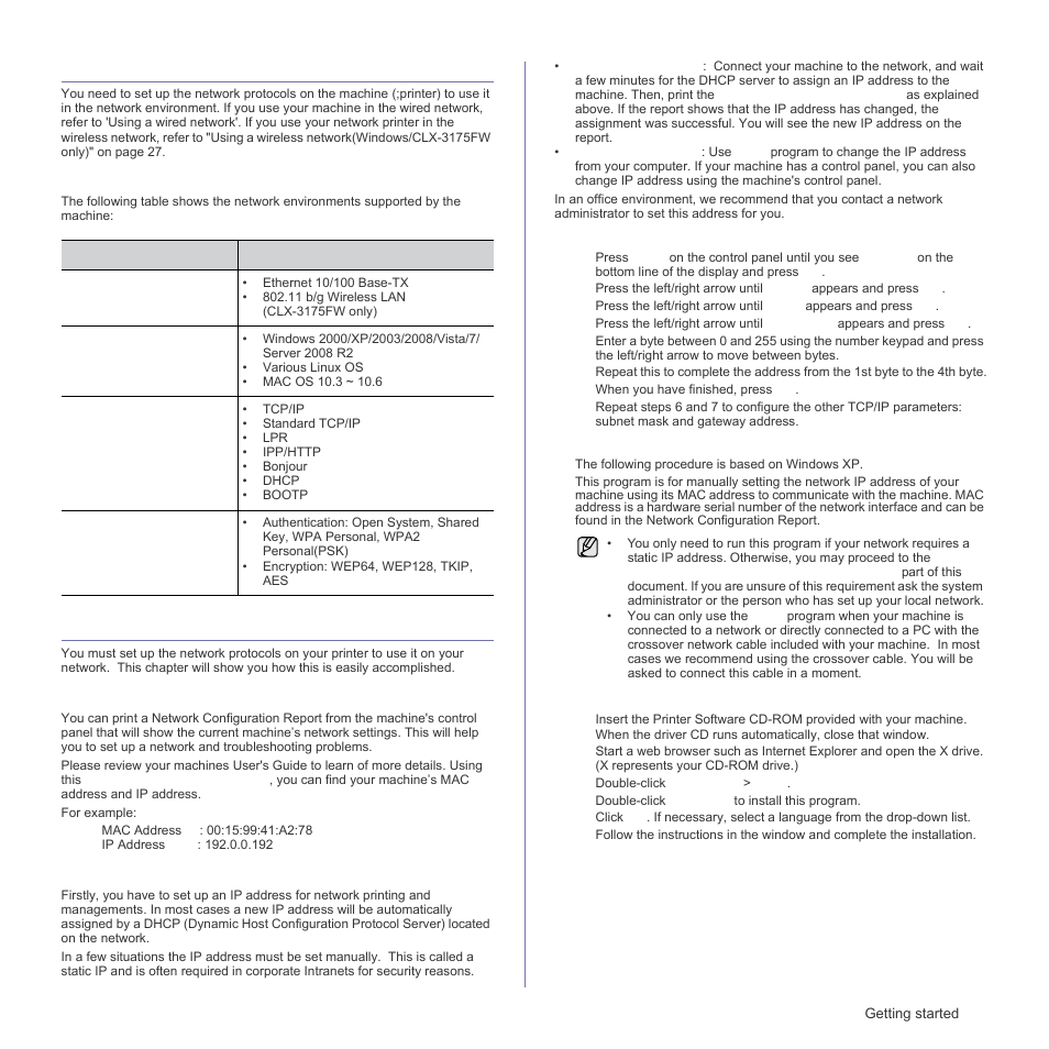 Setting up the network, Supported operation environments, Using a wired network | Printing configuration report, Setting ip address | Samsung CLX-3175FN User Manual | Page 25 / 218