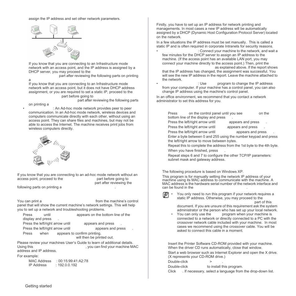 Printing configuration report, Setting ip address | Samsung CLX-3175FN User Manual | Page 30 / 218