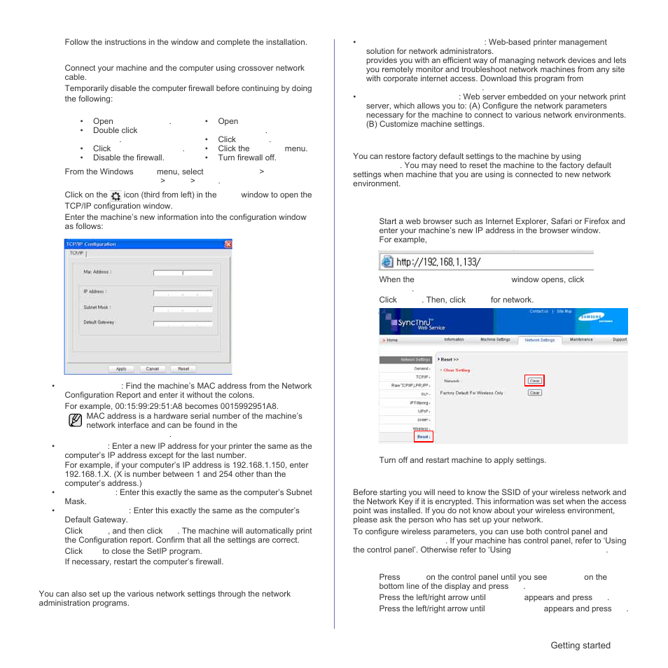 Network parameter setting, Restoring factory default settings, Configuring the machine’s wireless network | Samsung CLX-3175FN User Manual | Page 31 / 218