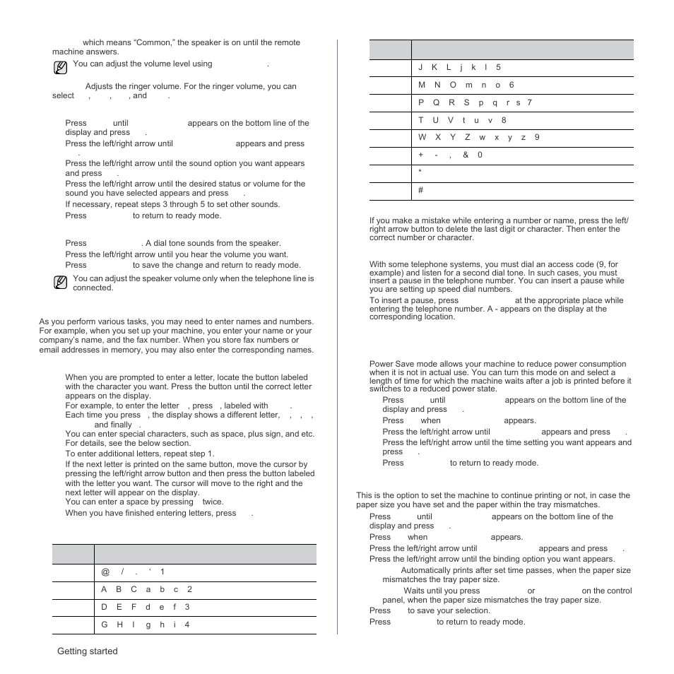 Entering characters using the number keypad, Using the save modes, Auto continue | Aracters. (see "keypad letters and | Samsung CLX-3175FN User Manual | Page 36 / 218