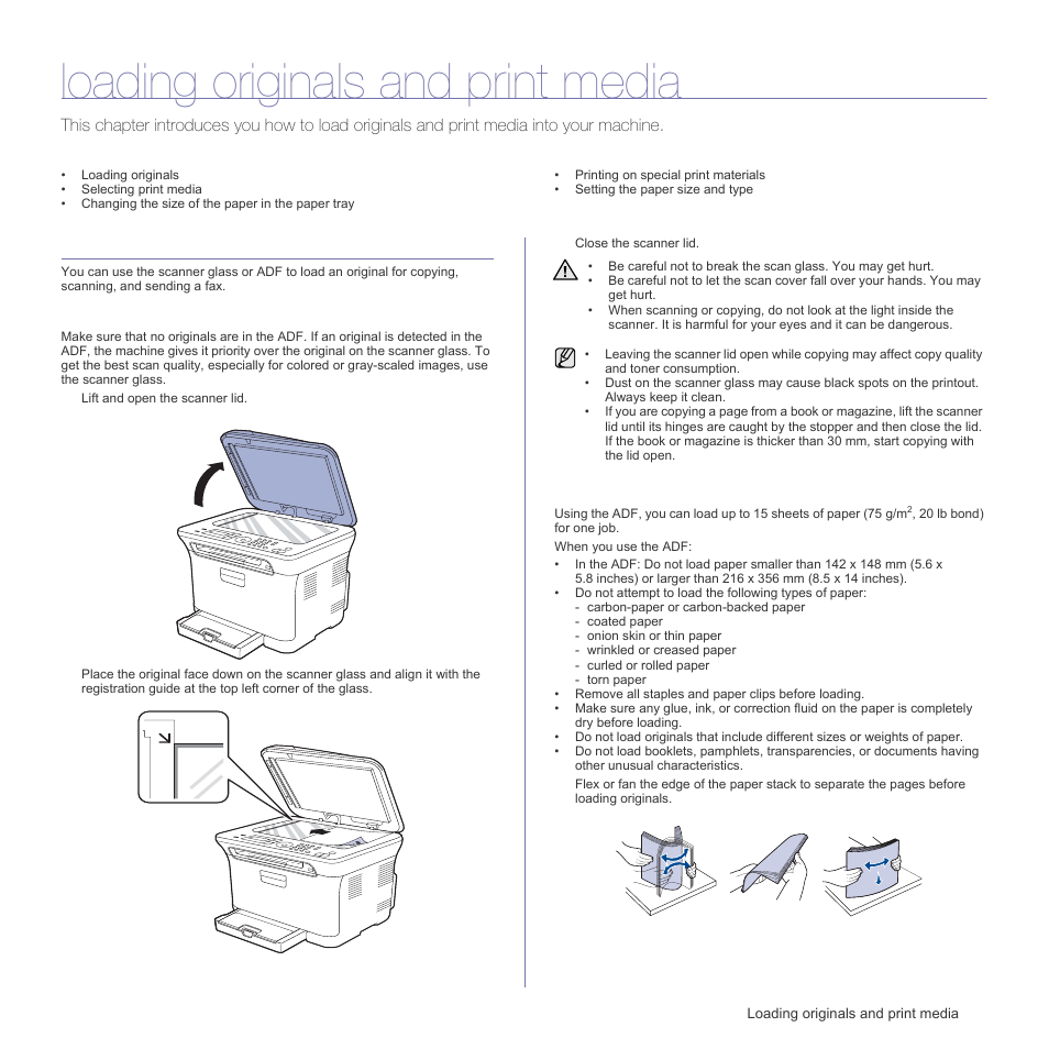 Loading originals and print media, Loading originals, On the scanner glass | In the adf | Samsung CLX-3175FN User Manual | Page 37 / 218