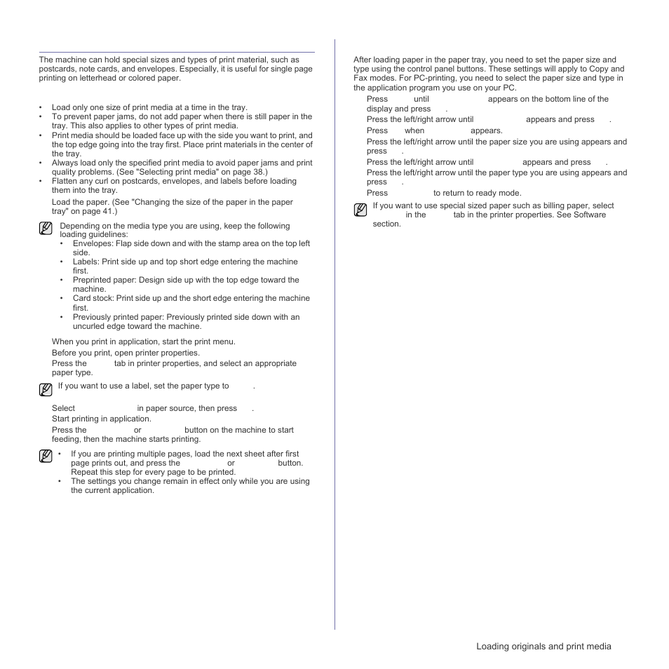 Printing on special print materials, Feeding the print material manually, Setting the paper size and type | Samsung CLX-3175FN User Manual | Page 43 / 218