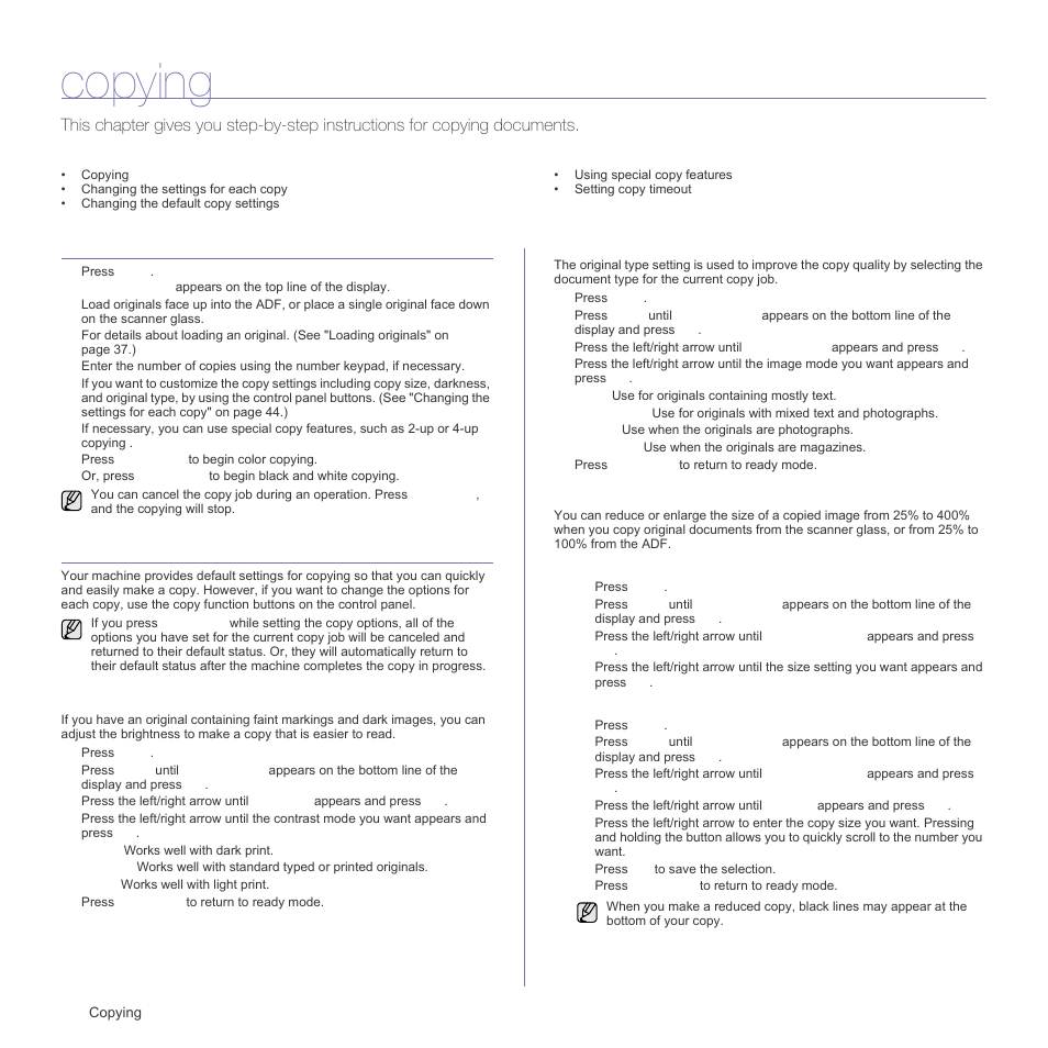 Copying, Changing the settings for each copy, Darkness | Original type, Reduced or enlarged copy | Samsung CLX-3175FN User Manual | Page 44 / 218