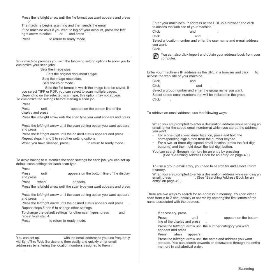 Changing the settings for each scan job, Changing the default scan settings, Setting up address book | Registering speed email numbers, Configuring group email numbers, Using address book entries, Searching address book for an entry | Samsung CLX-3175FN User Manual | Page 49 / 218
