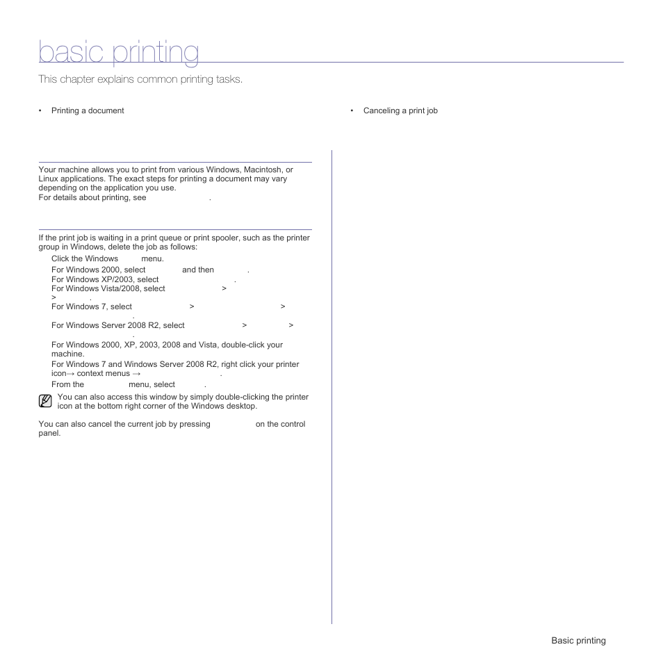 Basic printing, Printing a document, Canceling a print job | Samsung CLX-3175FN User Manual | Page 51 / 218
