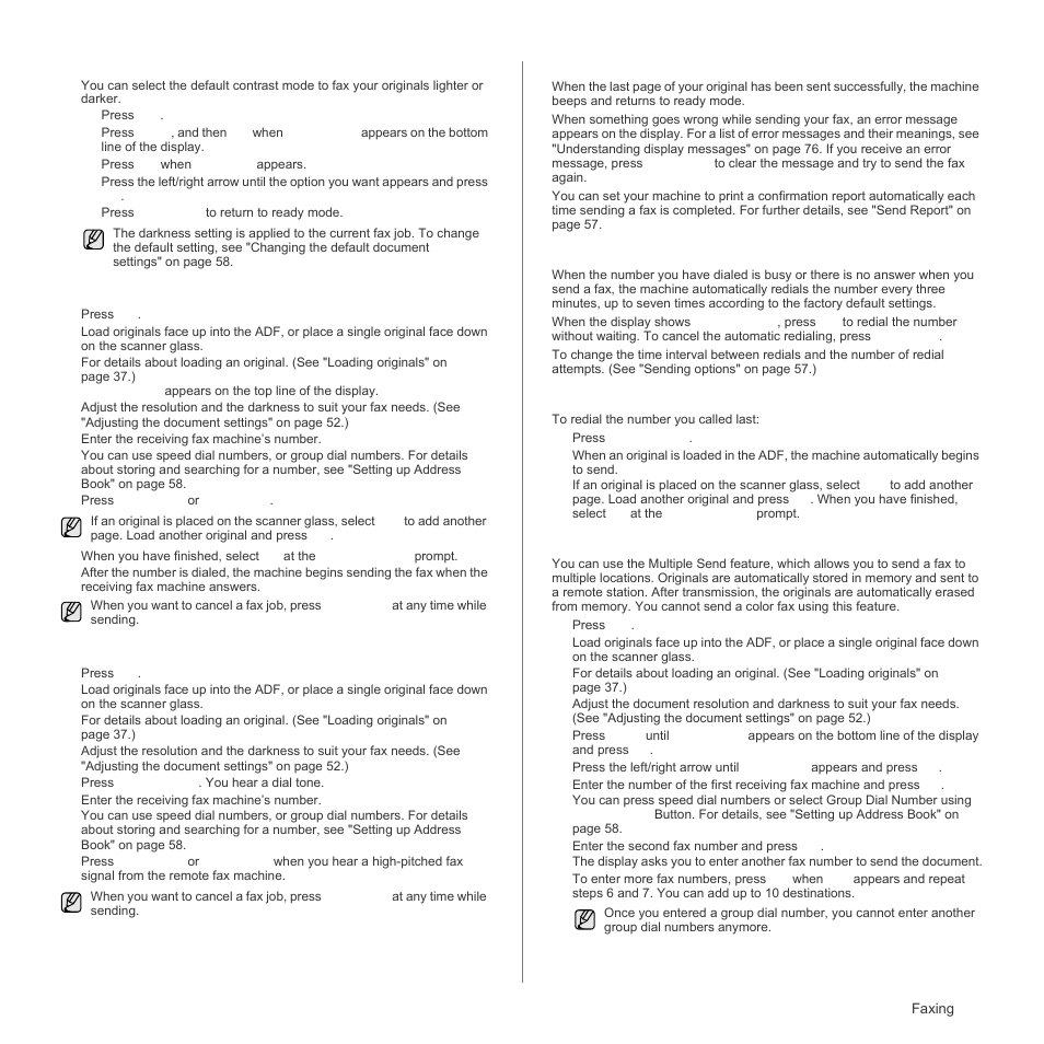 Sending a fax automatically, Sending a fax manually, Confirming a transmission | Automatic redialing, Redialing the last number, Sending a fax to multiple destinations | Samsung CLX-3175FN User Manual | Page 53 / 218
