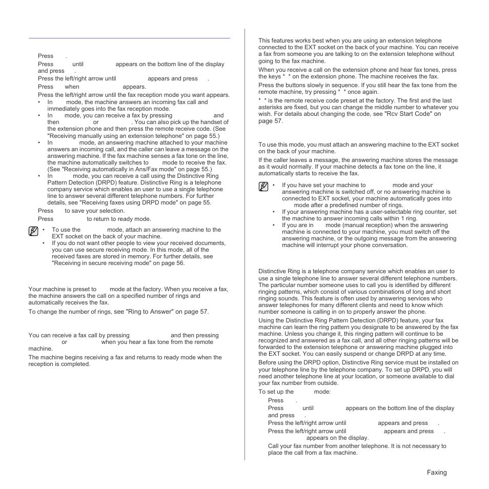 Receiving a fax, Changing receiving modes, Receiving automatically in fax mode | Receiving manually in tel mode, Receiving manually using an extension telephone, Receiving automatically in ans/fax mode, Receiving faxes using drpd mode | Samsung CLX-3175FN User Manual | Page 55 / 218