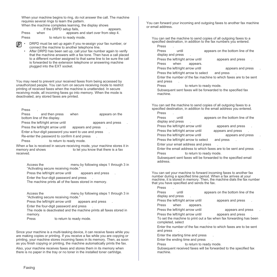 Receiving in secure receiving mode, Activating secure receiving mode, Receiving faxes in memory | Forwarding faxes | Samsung CLX-3175FN User Manual | Page 56 / 218