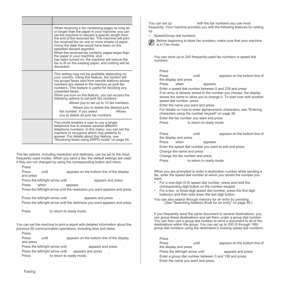 Changing the default document settings, Printing sent fax report automatically, Setting up address book | E "changing the default document settings" on, Setting up address, See "setting up address book" on, E "changing the default document, Ls, see "setting up address book" on | Samsung CLX-3175FN User Manual | Page 58 / 218