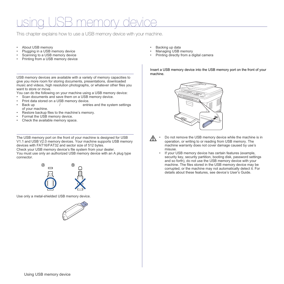 Using usb memory device, About usb memory, Plugging in a usb memory device | Samsung CLX-3175FN User Manual | Page 60 / 218