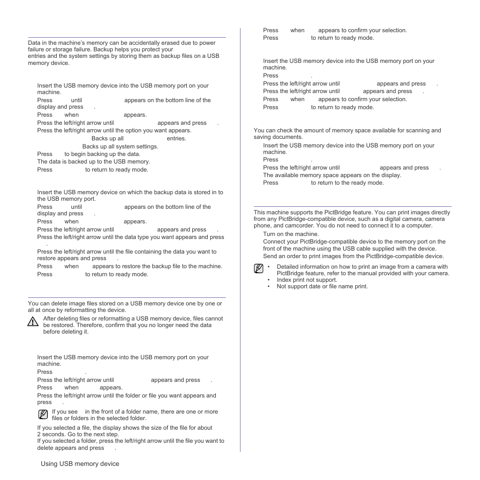 Backing up data, Restoring data, Managing usb memory | Deleting an image file, Formatting a usb memory device, Viewing the usb memory status, Printing directly from a digital camera | Samsung CLX-3175FN User Manual | Page 62 / 218