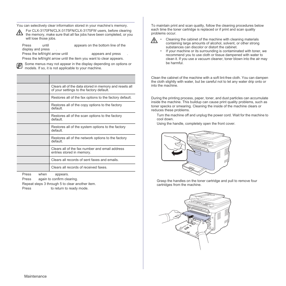 Clearing memory, Cleaning your machine, Cleaning the outside | Cleaning the inside | Samsung CLX-3175FN User Manual | Page 64 / 218