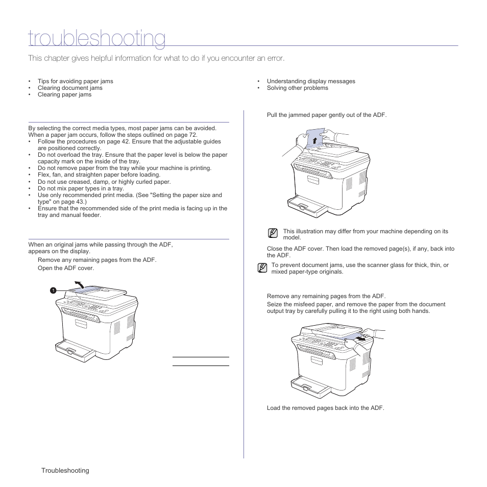 Troubleshooting, Tips for avoiding paper jams, Clearing document jams | Exit misfeed | Samsung CLX-3175FN User Manual | Page 72 / 218