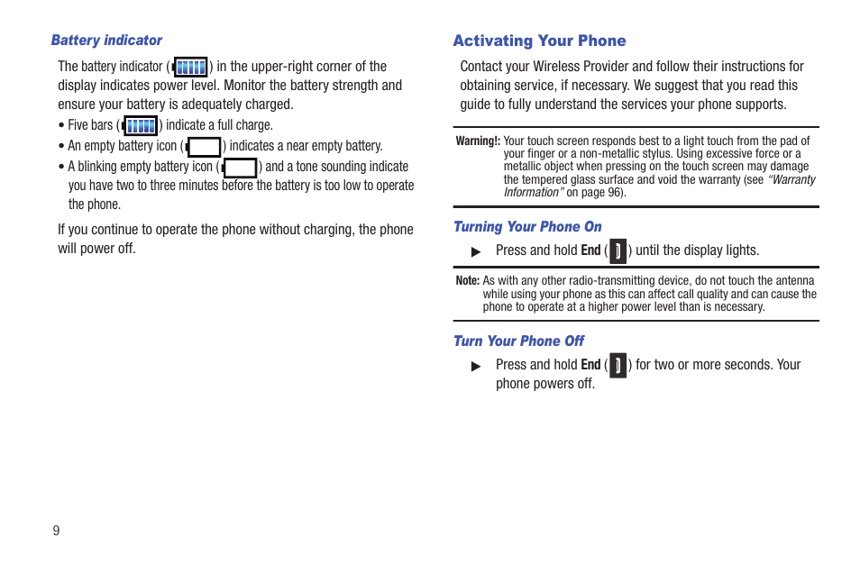 Battery indicator, Activating your phone, Turning your phone on | Turn your phone off | Samsung DFX-5000 User Manual | Page 12 / 112