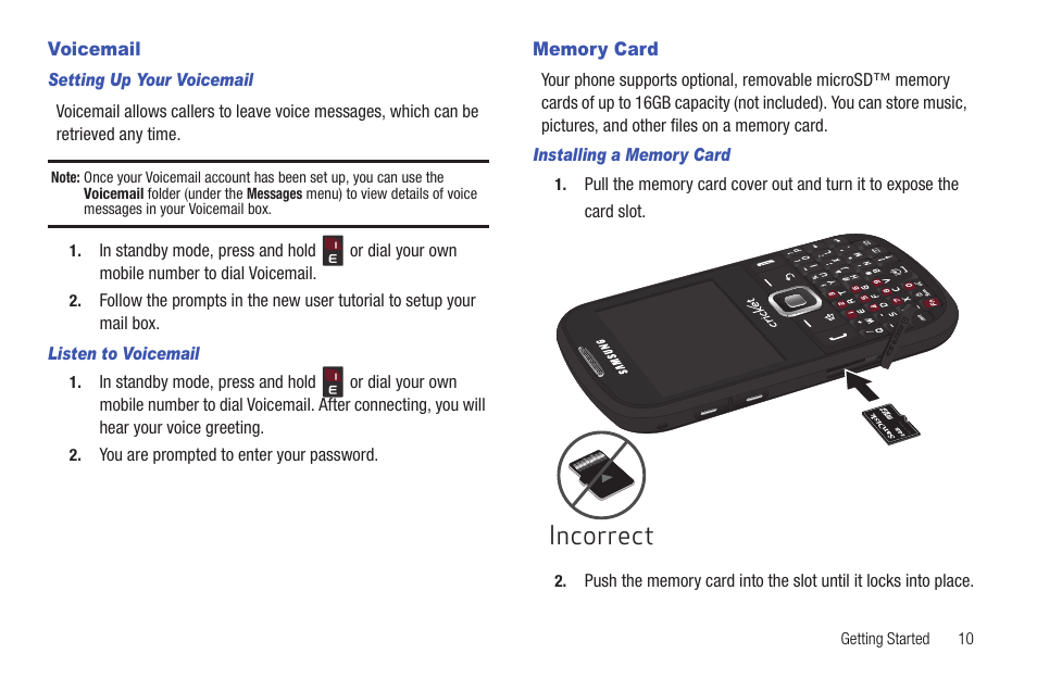Voicemail, Setting up your voicemail, Listen to voicemail | Memory card, Installing a memory card, Voicemail memory card, Incorrect | Samsung DFX-5000 User Manual | Page 13 / 112