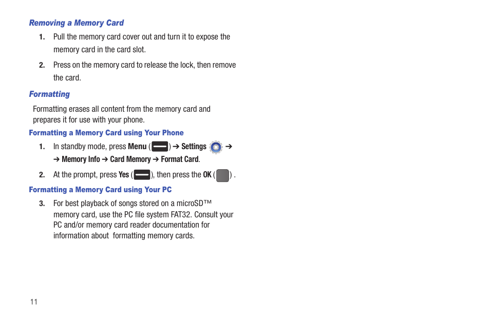 Removing a memory card, Formatting, Formatting a memory card using your phone | Formatting a memory card using your pc | Samsung DFX-5000 User Manual | Page 14 / 112