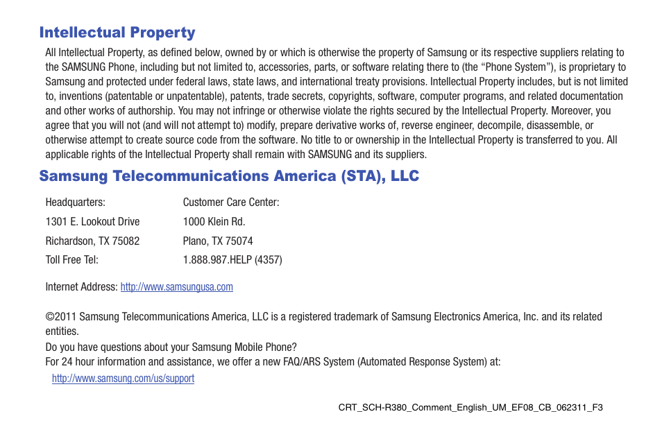 Intellectual property, Samsung telecommunications america (sta), llc | Samsung DFX-5000 User Manual | Page 2 / 112
