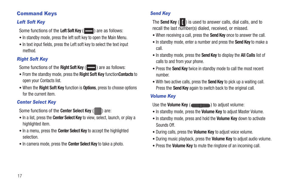 Command keys, Left soft key, Right soft key | Center select key, Send key, Volume key | Samsung DFX-5000 User Manual | Page 20 / 112