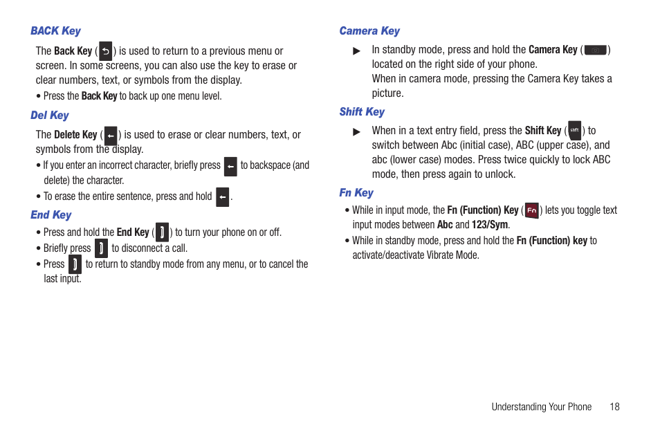 Back key, Del key, End key | Camera key, Shift key, Fn key | Samsung DFX-5000 User Manual | Page 21 / 112