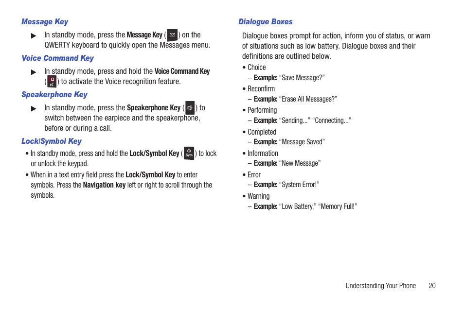 Message key, Voice command key, Speakerphone key | Lock/symbol key, Dialogue boxes | Samsung DFX-5000 User Manual | Page 23 / 112