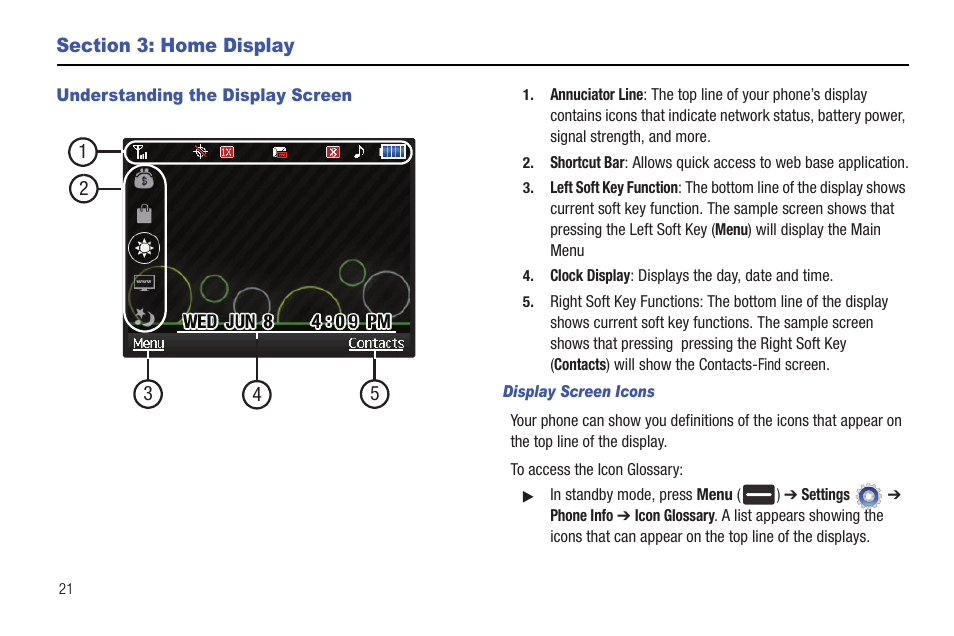 Section 3: home display, Understanding the display screen, Display screen icons | Samsung DFX-5000 User Manual | Page 24 / 112