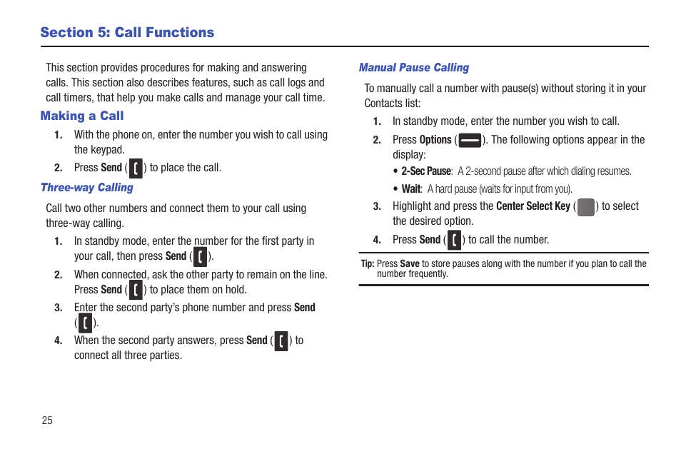 Section 5: call functions, Making a call, Three-way calling | Manual pause calling | Samsung DFX-5000 User Manual | Page 28 / 112