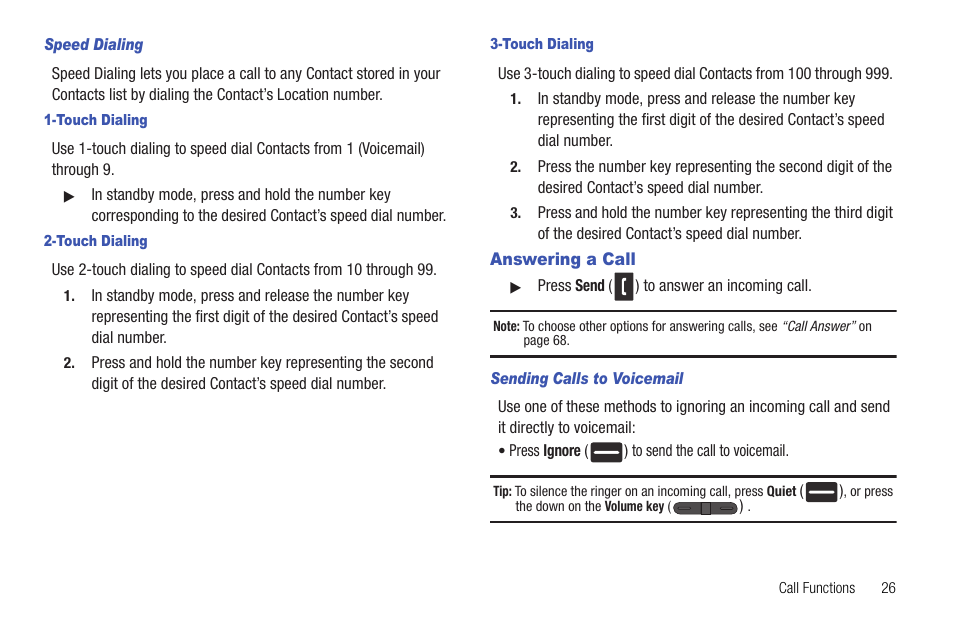 Speed dialing, Touch dialing, Answering a call | Sending calls to voicemail | Samsung DFX-5000 User Manual | Page 29 / 112