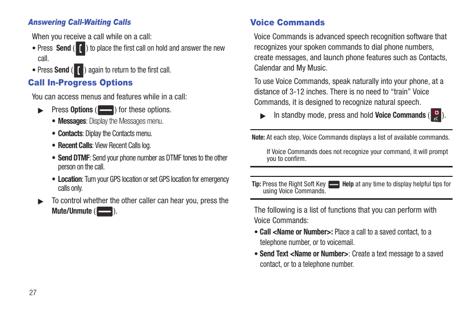 Answering call-waiting calls, Call in-progress options, Voice commands | Call in-progress options voice commands | Samsung DFX-5000 User Manual | Page 30 / 112