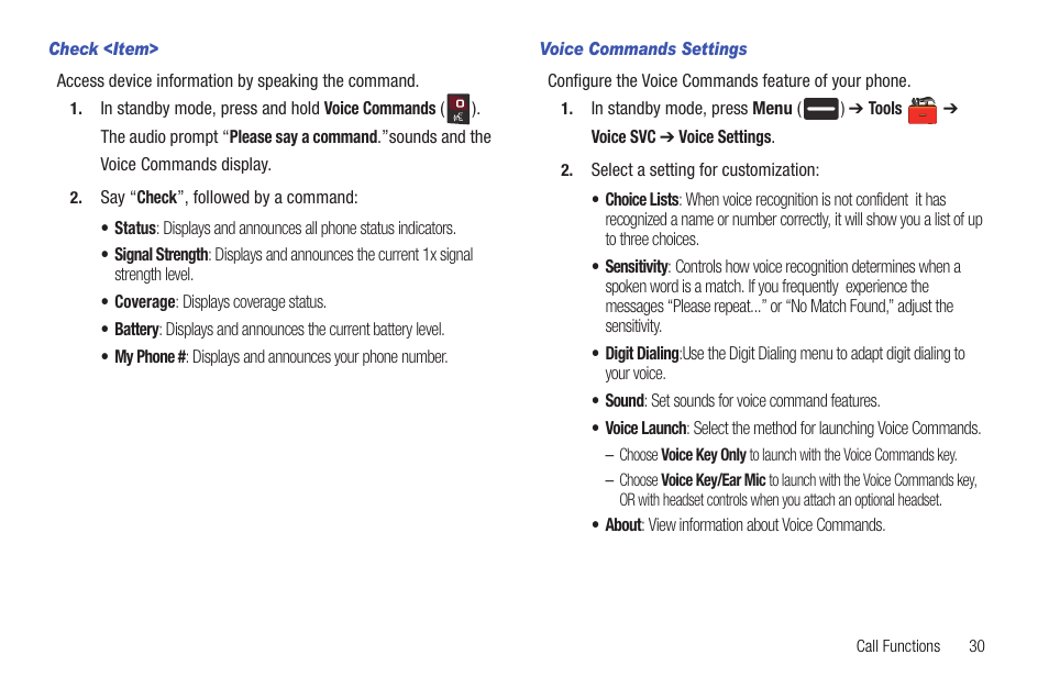 Check <item, Voice commands settings | Samsung DFX-5000 User Manual | Page 33 / 112