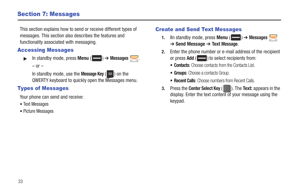 Section 7: messages, Accessing messages, Types of messages | Create and send text messages | Samsung DFX-5000 User Manual | Page 36 / 112